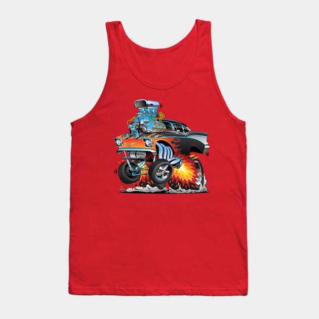 Classic hot rod fifties style gasser drag racing muscle car, red hot flames, big engine, lots of chrome, cartoon illustration Tank Top by hobrath